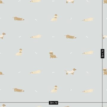 Teckels behang lichtgrijs op schaal en ingezoomd