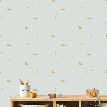 Teckels behang lichtgrijs op muur kinderkamer 2