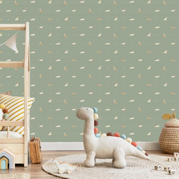 Teckels behang oud groen op muur kinderkamer