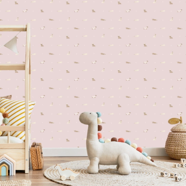 Teckels behang roze op muur kinderkamer