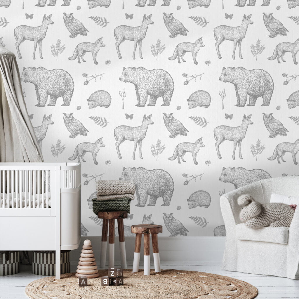 Zwart-wit retro dieren kinderbehang op achtergrond kinderkamer sfeerbeeld 1