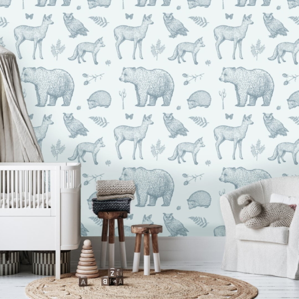 Lichtblauw retro dieren kinderbehang op achtergrond kinderkamer sfeerbeeld 1