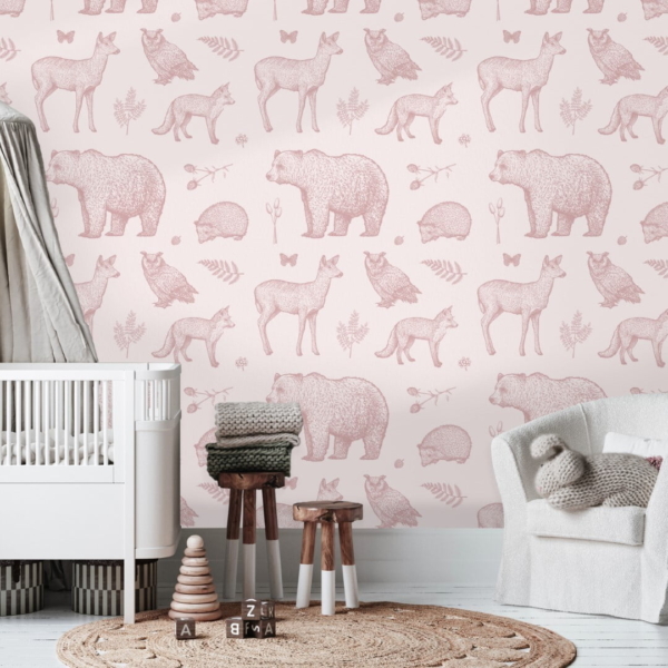 Roze retro dieren kinderbehang op achtergrond kinderkamer sfeerbeeld 1