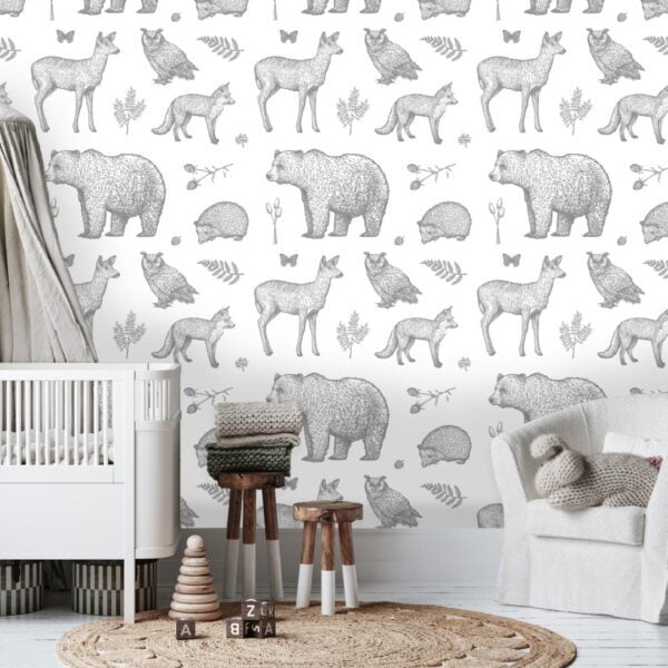 Zwart-wit retro dieren kinderbehang op achtergrond kinderkamer sfeerbeeld 1