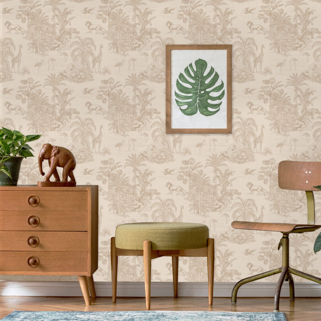 Beige retro jungle kinderbehang kinderkamer sfeerbeeld 2