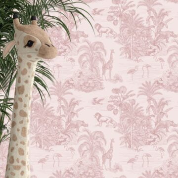 Roze retro jungle kinderbehang kinderkamer sfeerbeeld 1
