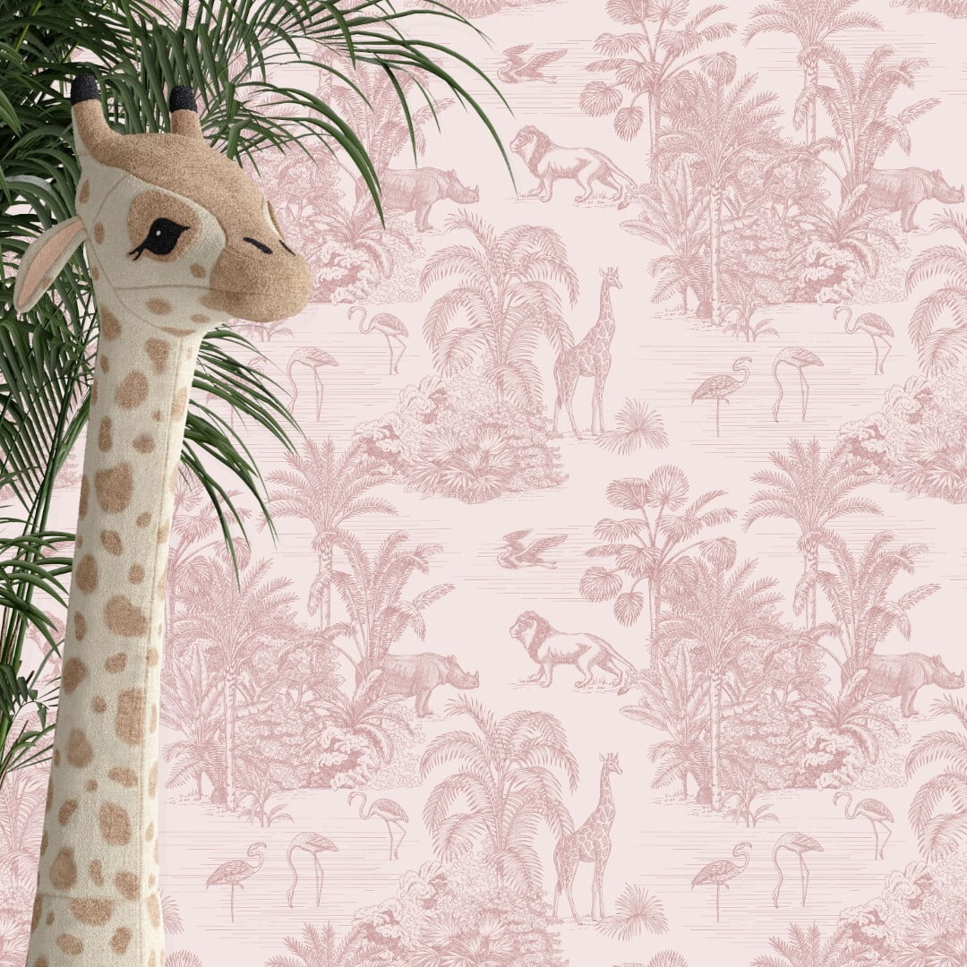 Roze retro jungle kinderbehang kinderkamer sfeerbeeld 1