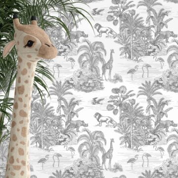 Wit retro jungle kinderbehang kinderkamer sfeerbeeld 1