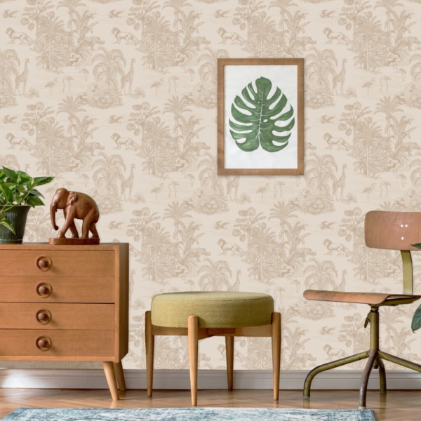 Beige retro jungle kinderbehang kinderkamer sfeerbeeld 2