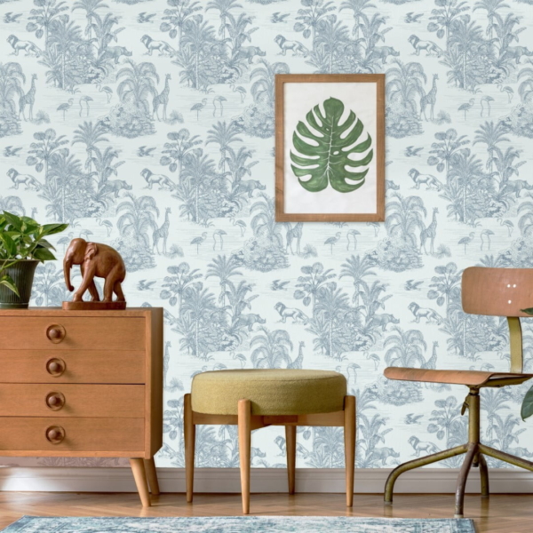 Blauw retro jungle kinderbehang kinderkamer sfeerbeeld 2