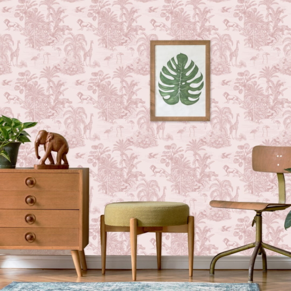 Roze retro jungle kinderbehang kinderkamer sfeerbeeld 2