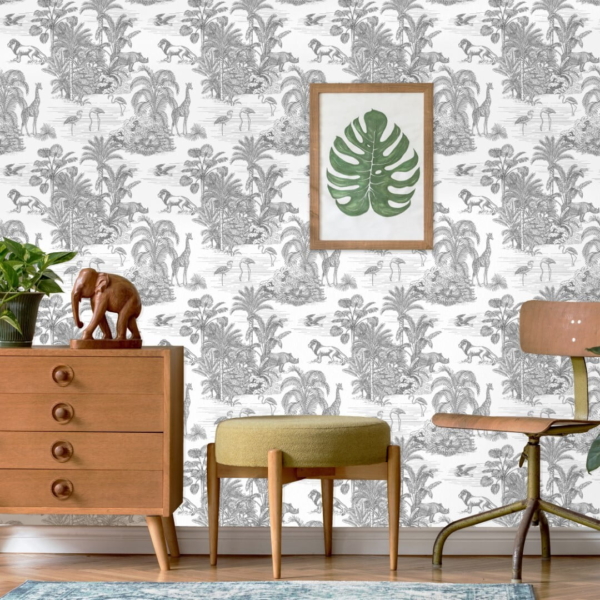 Wit retro jungle kinderbehang kinderkamer sfeerbeeld 2