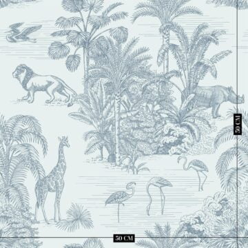 Blauw retro jungle kinderbehang kinderkamer sfeerbeeld ingezoomd