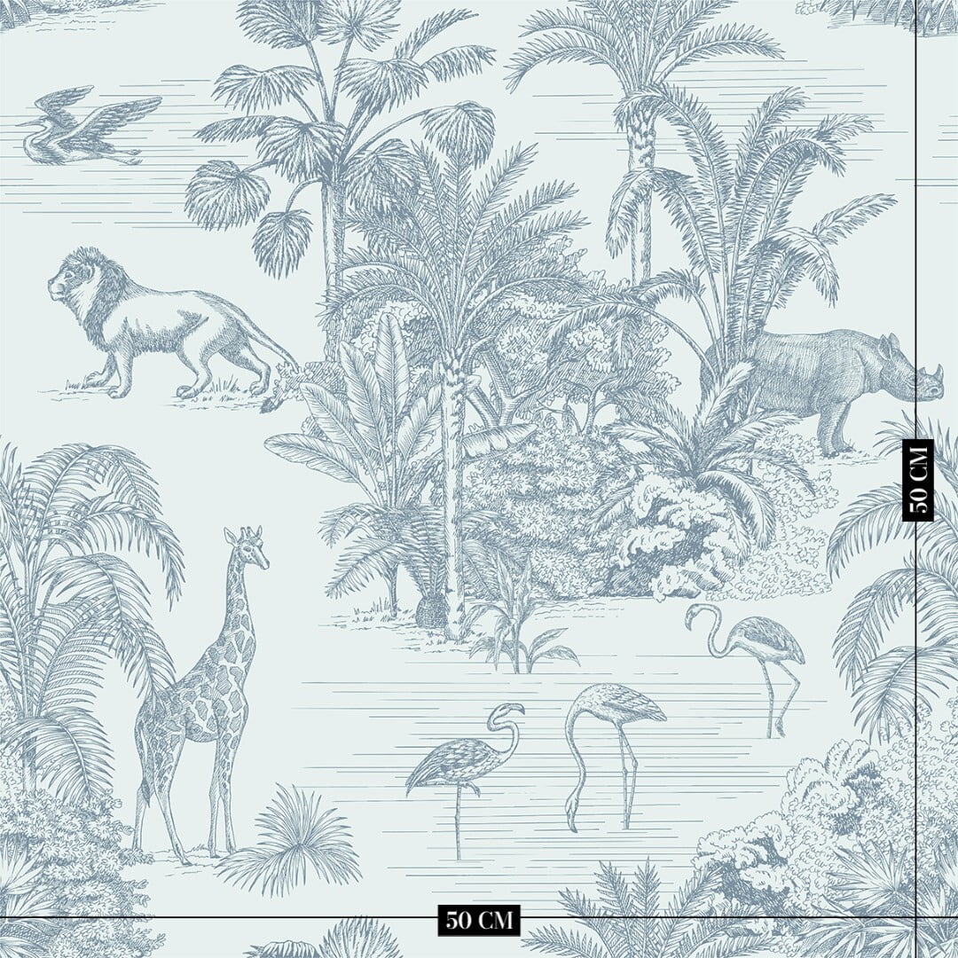 Blauw retro jungle kinderbehang kinderkamer sfeerbeeld ingezoomd