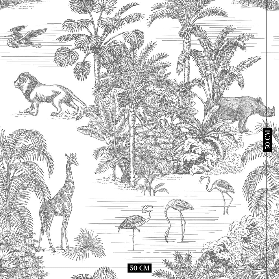 Wit retro jungle kinderbehang kinderkamer sfeerbeeld ingezoomd