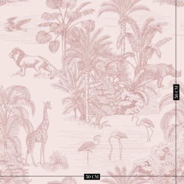 Roze retro jungle kinderbehang kinderkamer sfeerbeeld ingezoomd