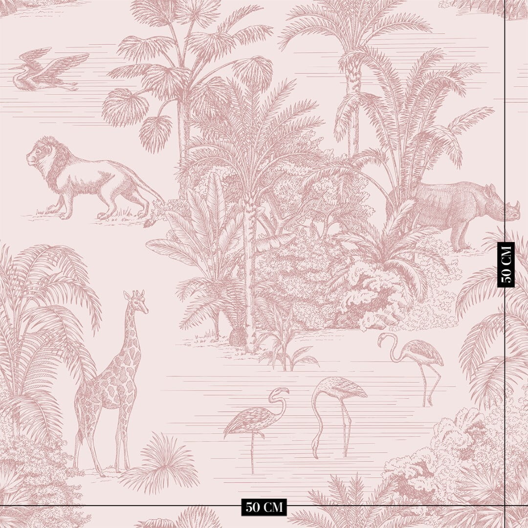 Roze retro jungle kinderbehang kinderkamer sfeerbeeld ingezoomd