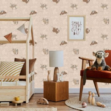 Beige luiaard kinderbehang kinderkamer sfeerbeeld 1