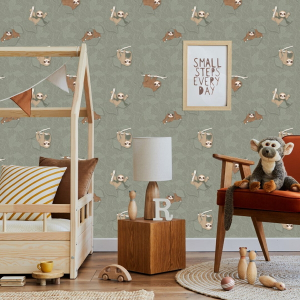 Lichtgroen luiaard kinderbehang kinderkamer sfeerbeeld 1