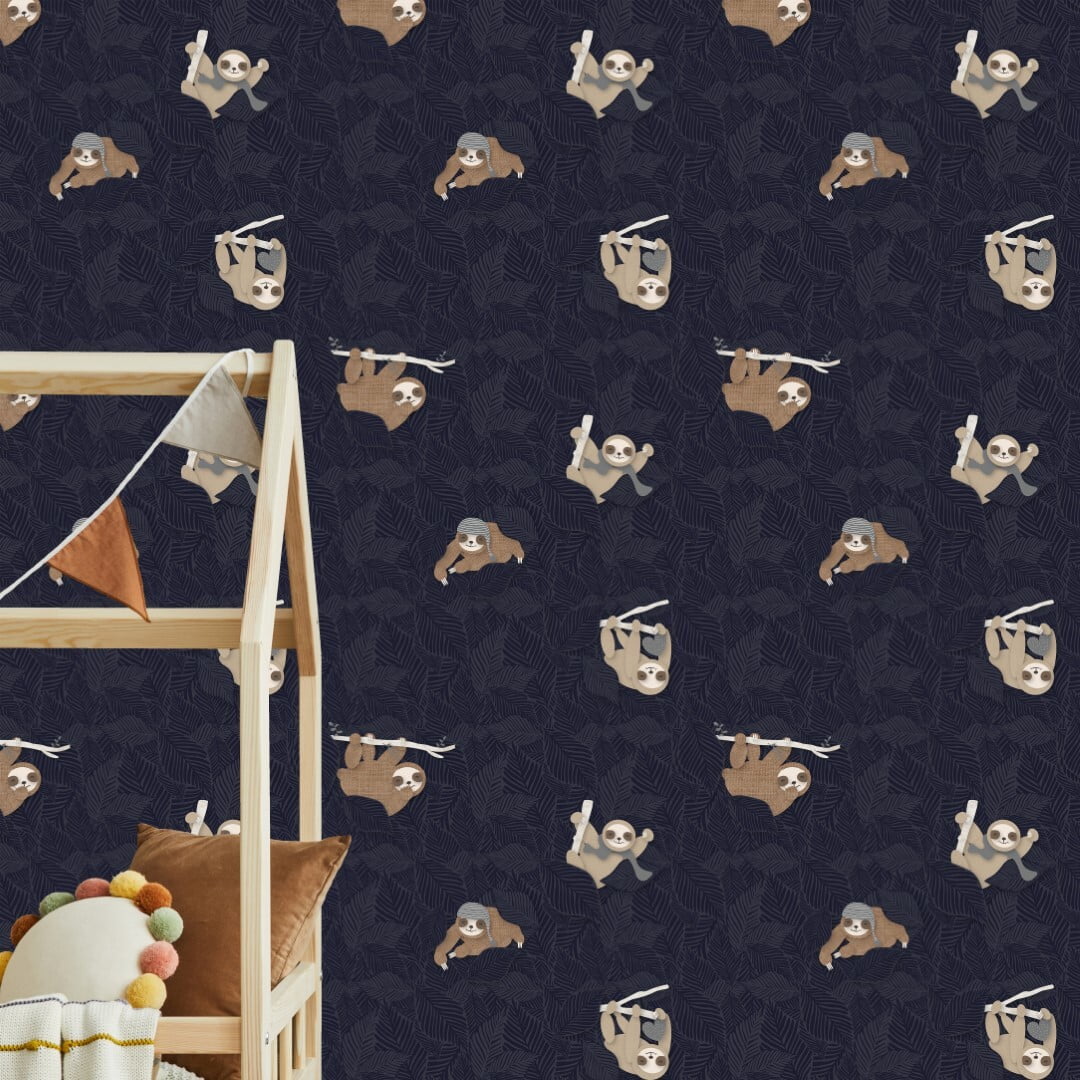 Donkerblauw luiaard kinderbehang kinderkamer sfeerbeeld 2