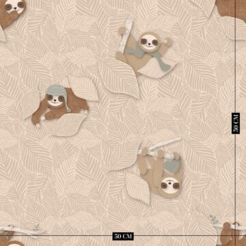 Beige luiaard kinderbehang kinderkamer sfeerbeeld ingezoomd