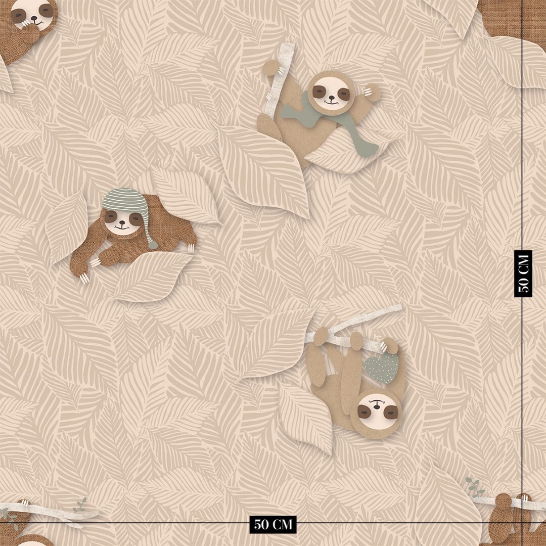 Beige luiaard kinderbehang kinderkamer sfeerbeeld ingezoomd