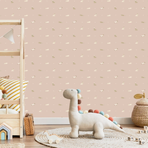Teckels behang zalmroze op muur kinderkamer