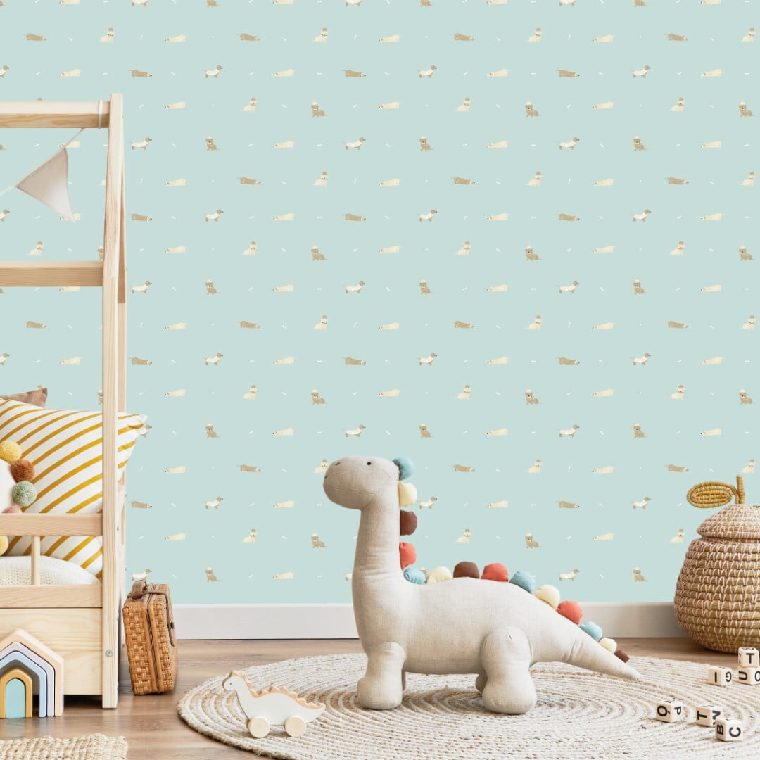 Teckels behang lichtblauw op muur kinderkamer