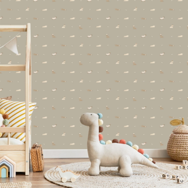 Teckels behang lichtbruin op muur kinderkamer