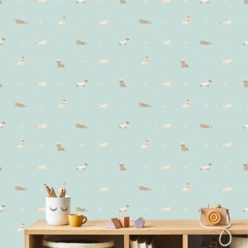 Teckels behang lichtblauw op muur kinderkamer 2