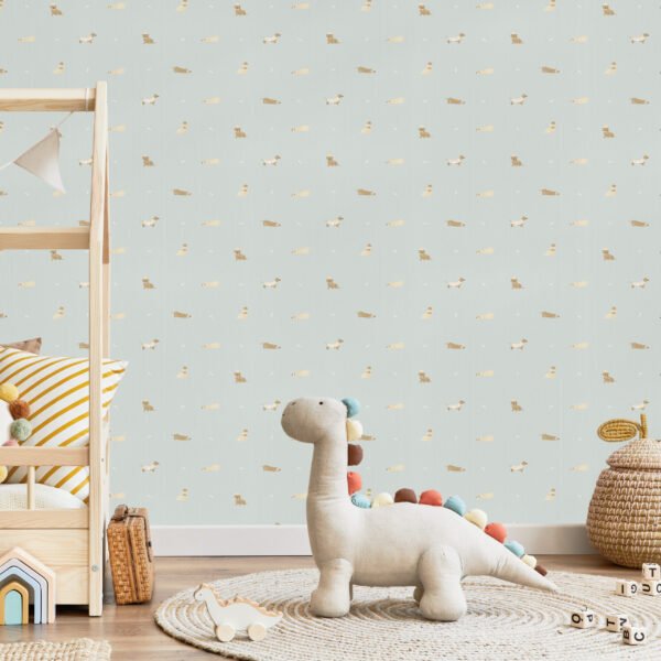 Teckels behang lichtgrijs op muur kinderkamer