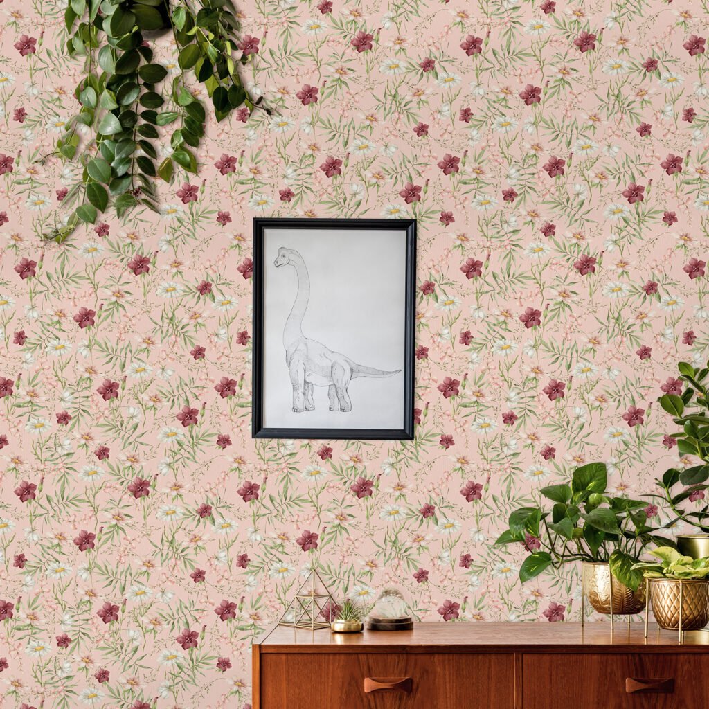 Bloemen behang roze muur kinderkamer