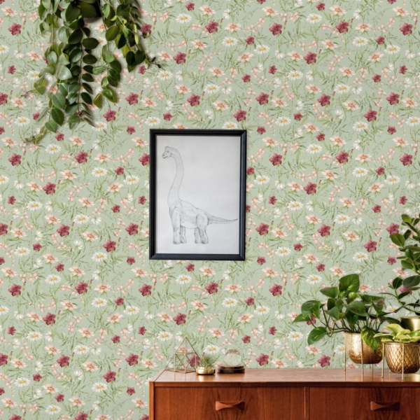 Bloemen behang groen muur kinderkamer