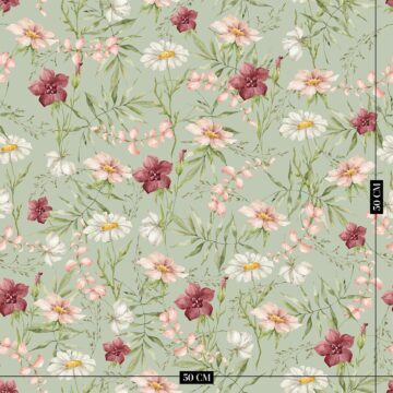 Bloemen behang groen op schaal en ingezoomd