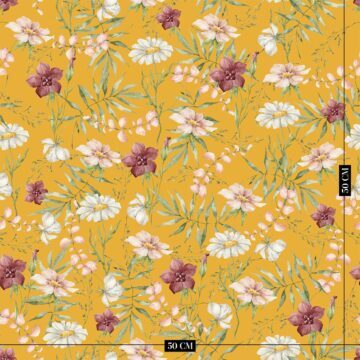 Bloemen behang oker geel op schaal en ingezoomd