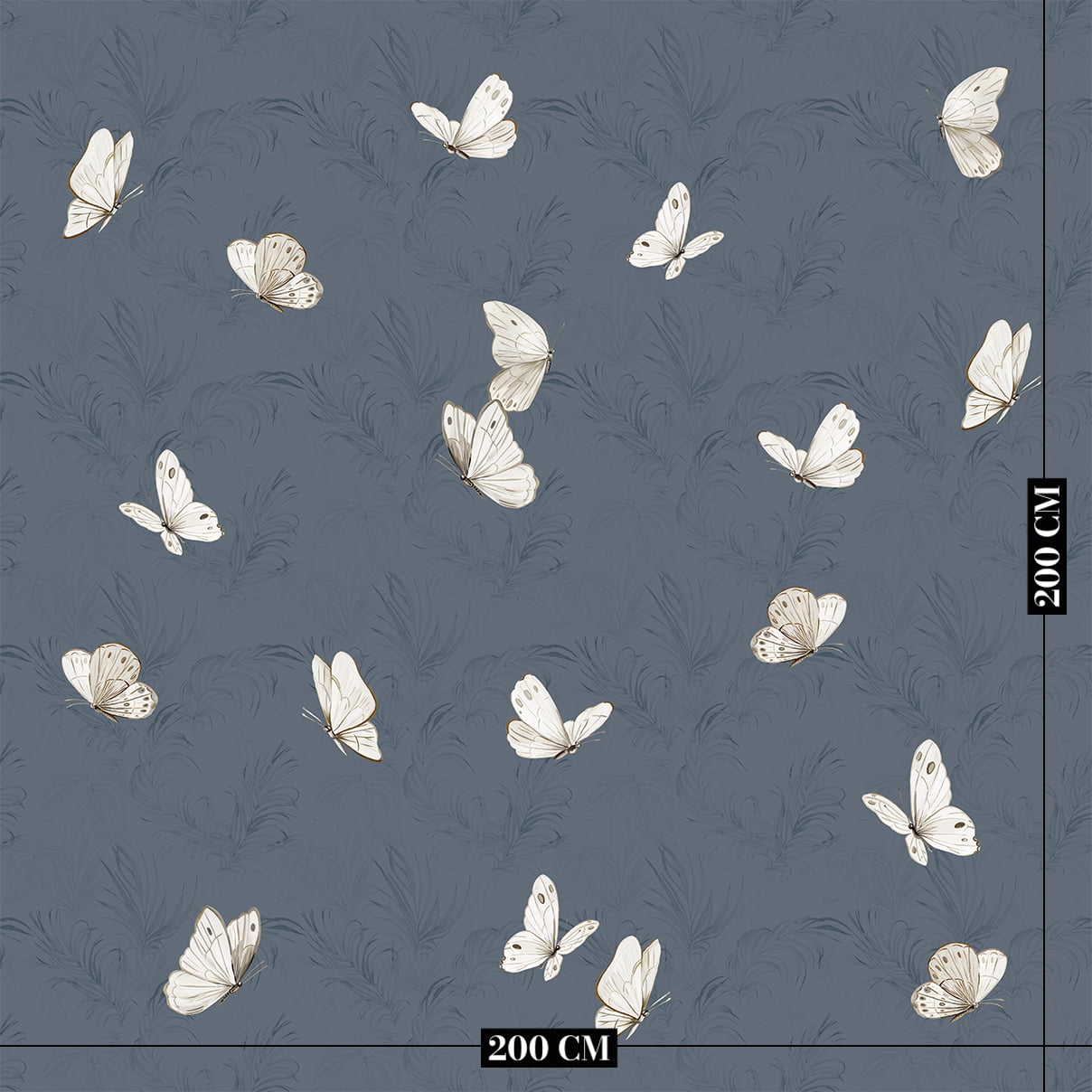 Vlinder behang donkerblauw op muur kinderkamer afmeting ingezoomd