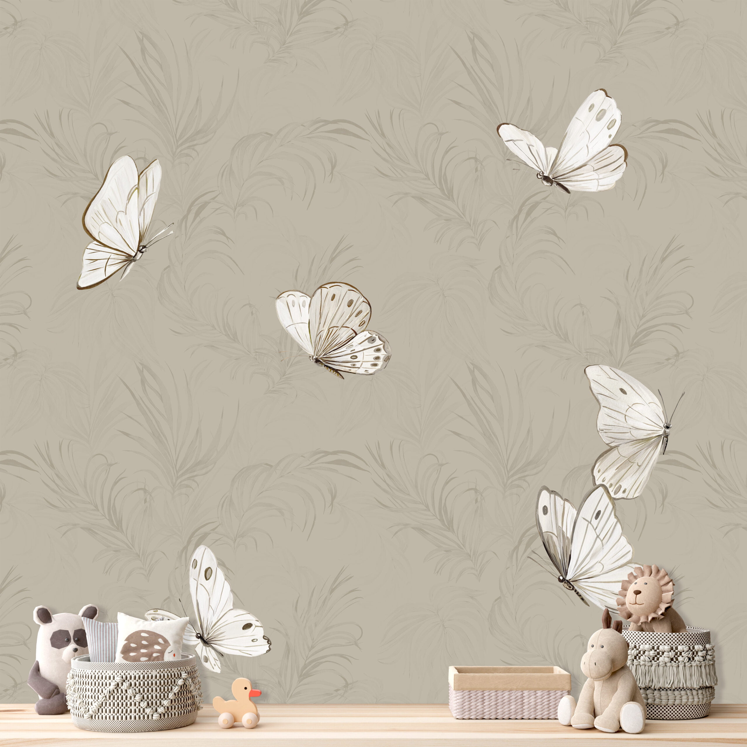 Vlinder behang lichtbruin op muur kinderkamer ingezoomd