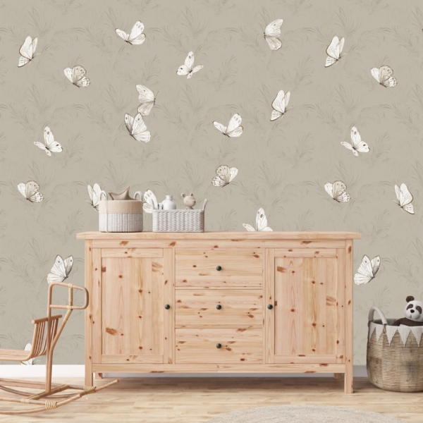 Vlinder behang lichtbruin op muur kinderkamer