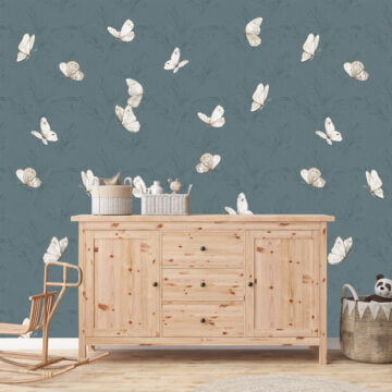 Vlinder behang petrol blauw op muur kinderkamer
