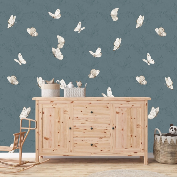 Vlinder behang petrol blauw op muur kinderkamer