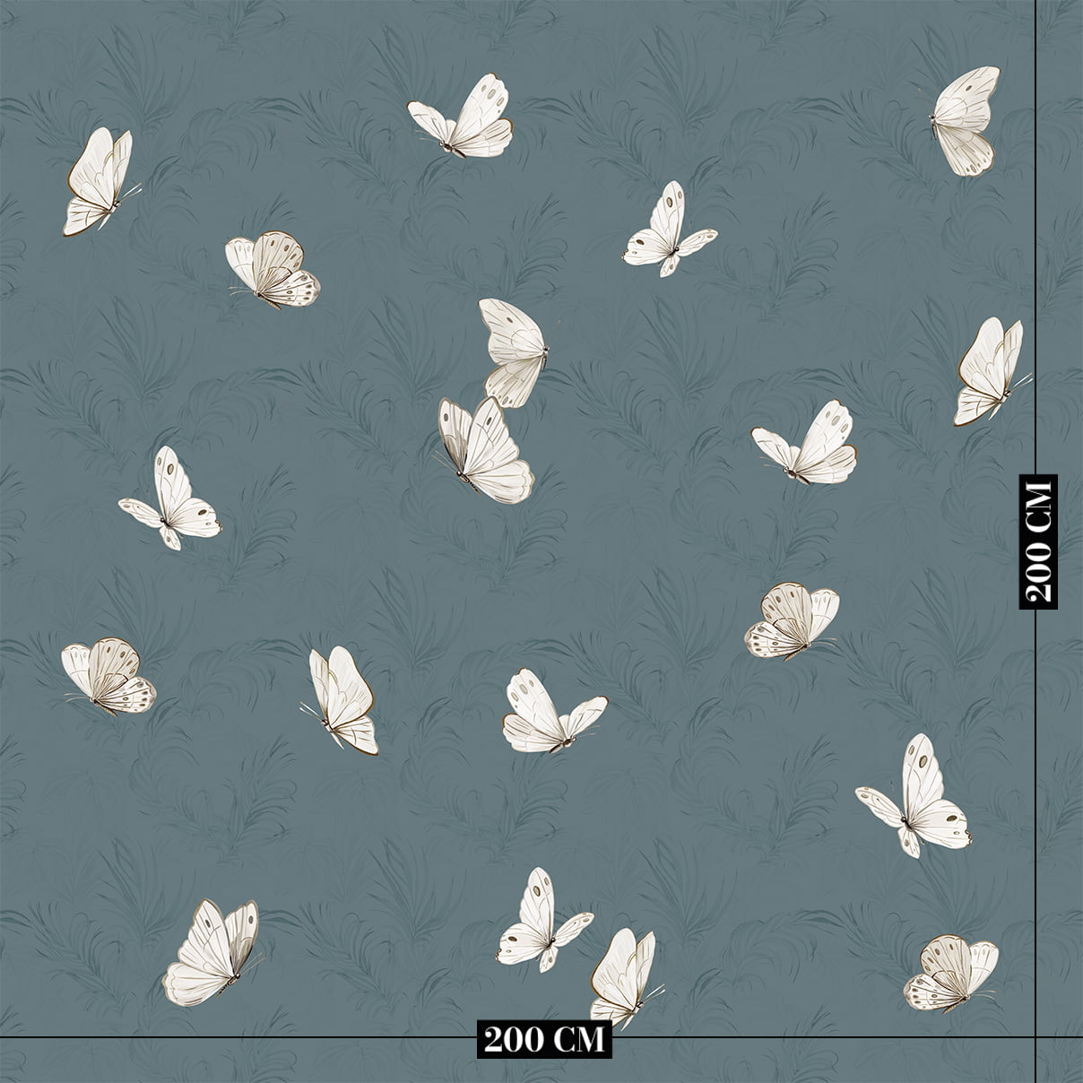 Vlinder behang petrol blauw op muur kinderkamer afmeting ingezoomd