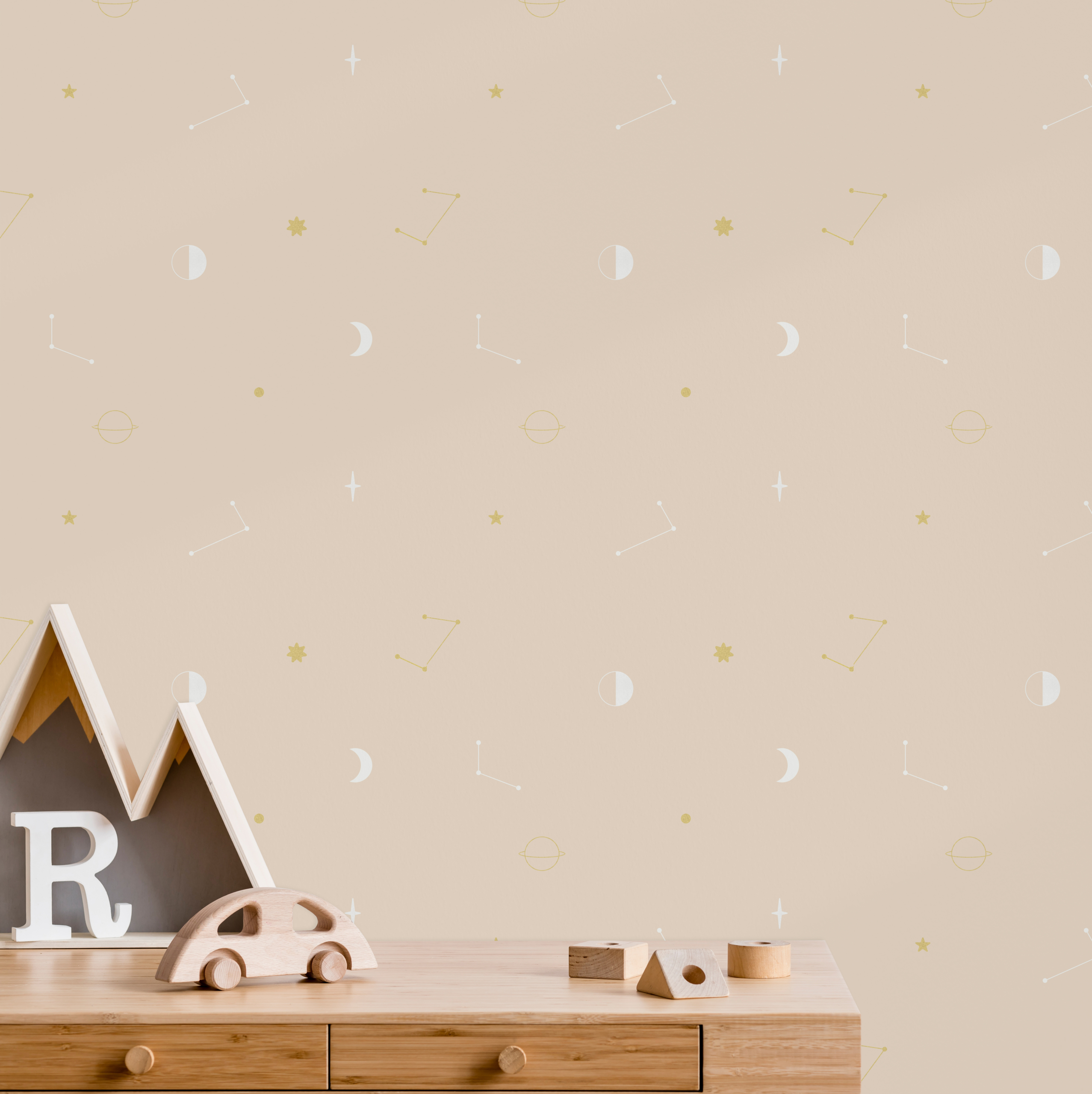 Ruimtebehang beige met goud en wit kinderbehang sfeerbeeld dichtbij