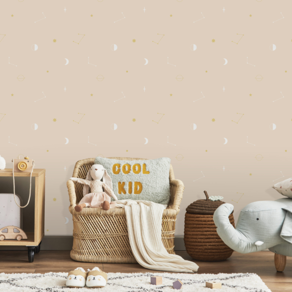 Ruimtebehang beige met goud en wit kinderbehang sfeerbeeld kinderkamer