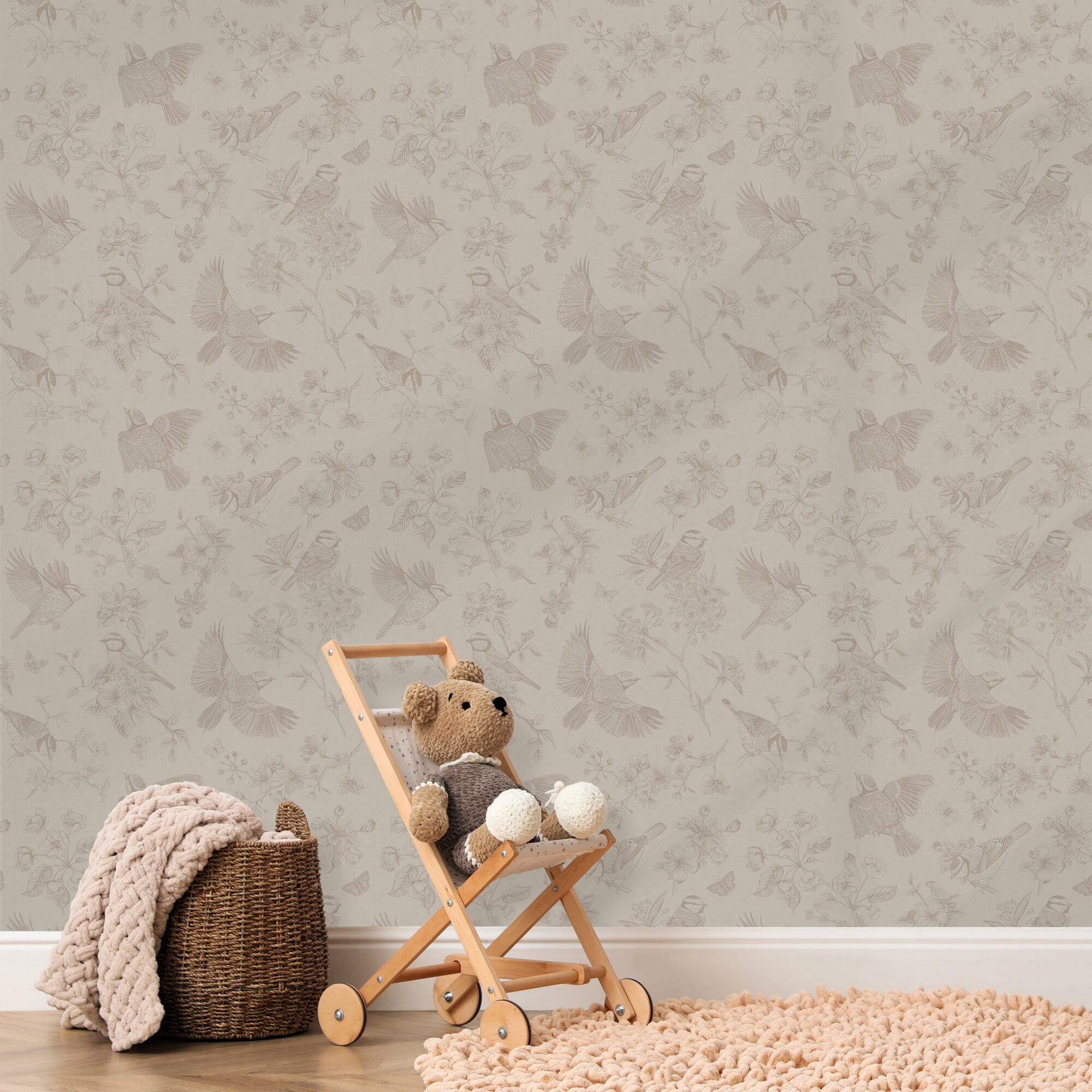 Bruin retro vogels botanisch behang kinderkamer muur met beer voorgrond