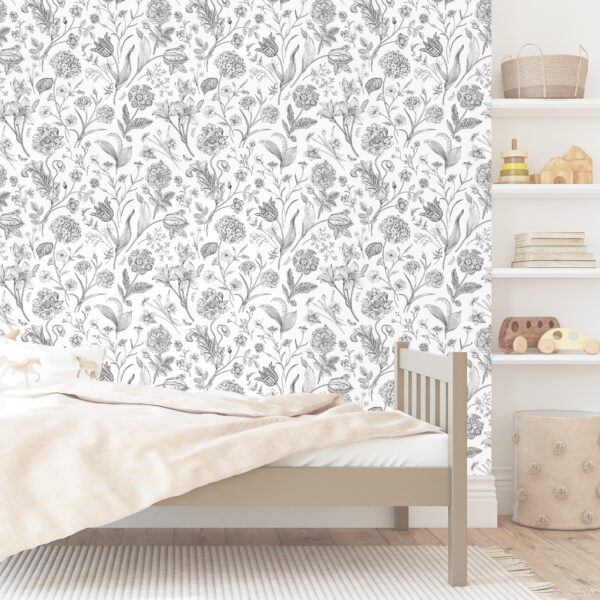 Botanisch bloemen behang zwart-wit