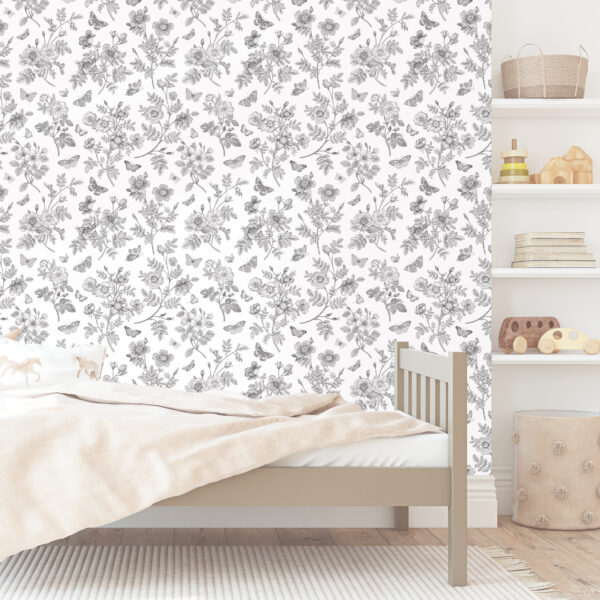 Botanisch vlinder behang zwart-wit