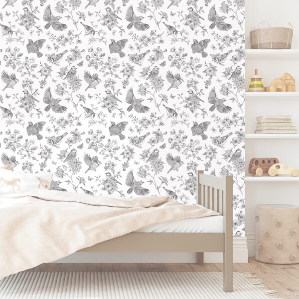 Botanisch vogels behang zwart-wit