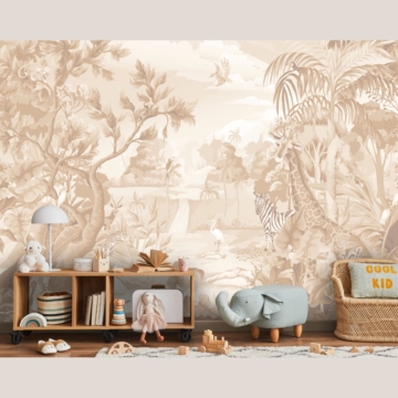 Beige jungle fotobehang dieren in verschillende kleuren voor kinderkamer en babykamer grote muur