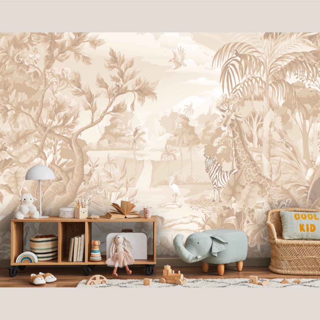 Beige jungle fotobehang dieren in verschillende kleuren voor kinderkamer en babykamer grote muur