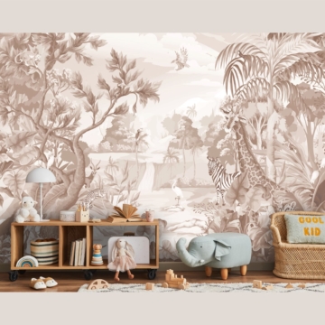 Bruin jungle fotobehang dieren in verschillende kleuren voor kinderkamer en babykamer grote muur